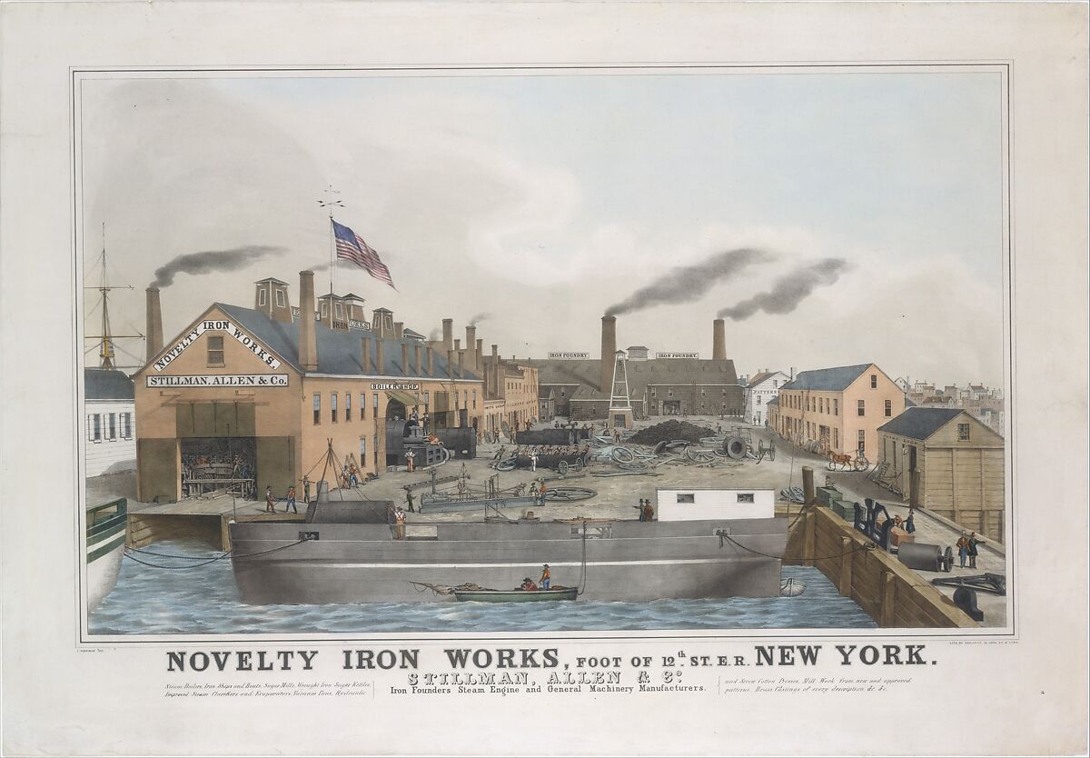 Novelty Iron works, Foot of 12th St. E.R. New York. Stillman, Allen & Co., Iron Founders, Steam Engine and General Machinery Manufacturers, After John Penniman (American, 1817–1850), Lithograph printed in colors with hand-coloring 