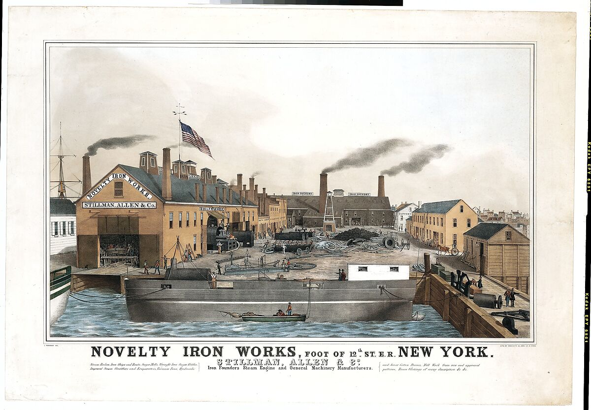 Novelty Iron works, Foot of 12th St. E.R. New York. Stillman, Allen & Co., Iron Founders, Steam Engine and General Machinery Manufacturers, After John Penniman (American, 1817–1850), Lithograph printed in colors with hand-coloring