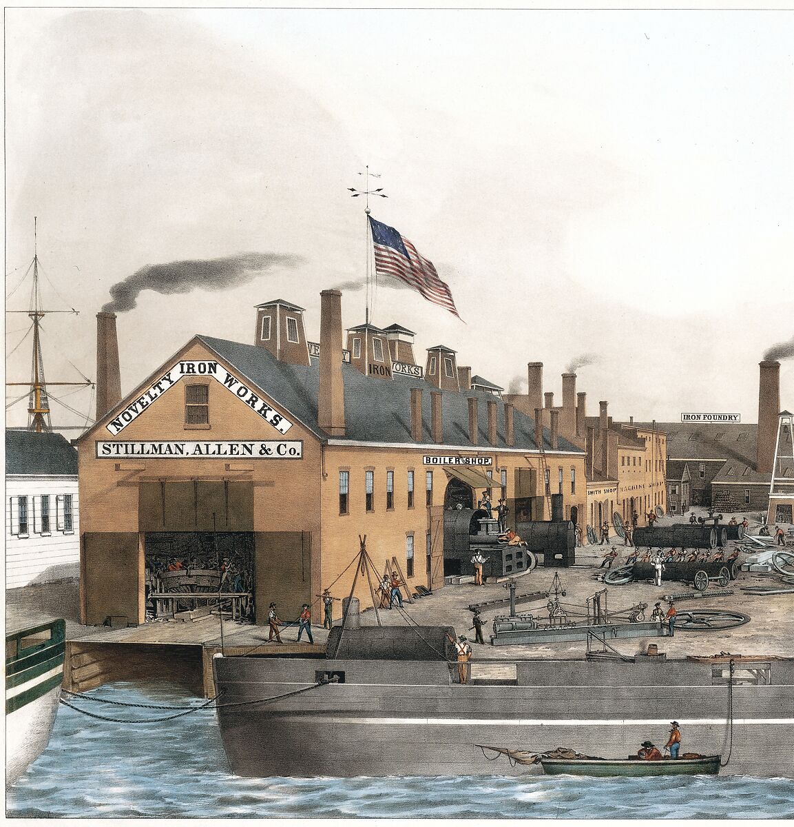 Novelty Iron works, Foot of 12th St. E.R. New York. Stillman, Allen & Co., Iron Founders, Steam Engine and General Machinery Manufacturers, After John Penniman (American, 1817–1850), Lithograph printed in colors with hand-coloring