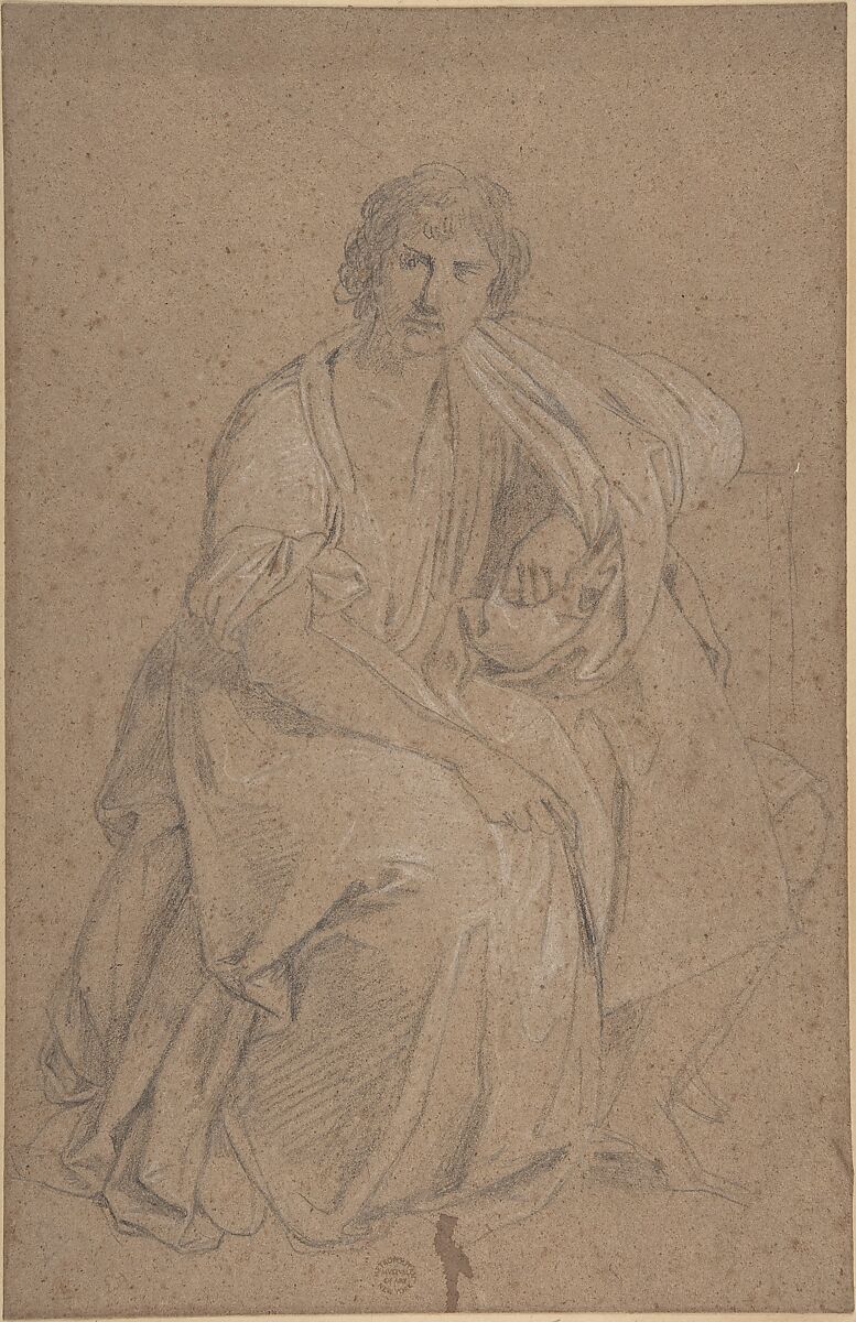 Seated Man, Anonymous, French, 18th century, Black chalk, heightened with white chalk, on brown paper 