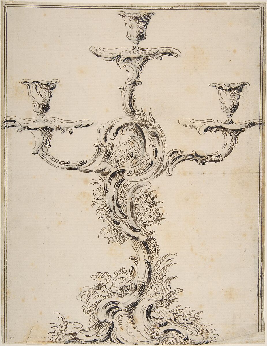 Design for a Candelabra, Anonymous, French, 18th century, Pen and brown ink.  Framing lines in pen and brown ink. 