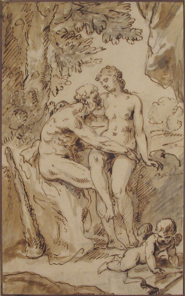 Venus, Mars, and Cupid, Anonymous, French, 18th century, Graphite, pen and brown ink, brush and brown wash