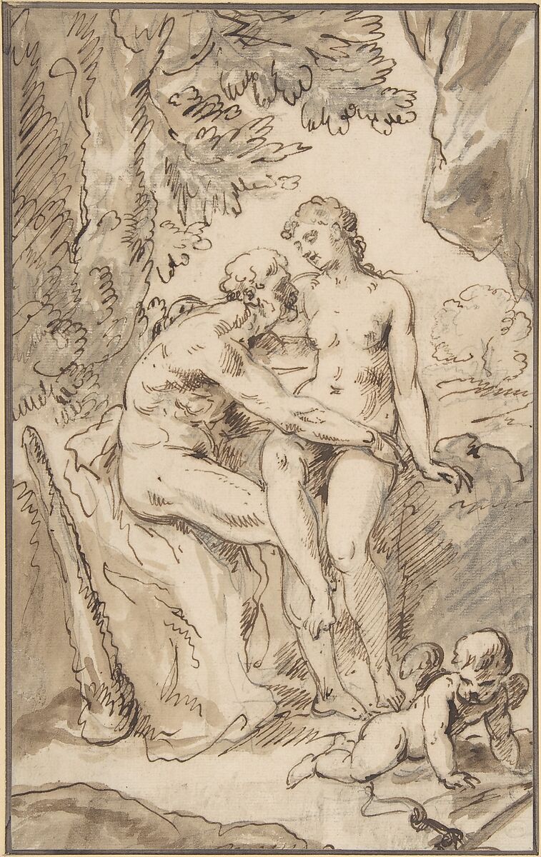 Venus, Mars, and Cupid, Anonymous, French, 18th century, Graphite, pen and brown ink, brush and brown wash 