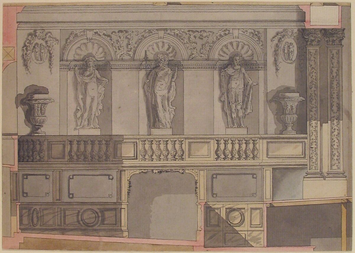 Design for a Court Theatre, Anonymous, French, 18th century, Pen and black ink, brush and gray, pink and yellow washes