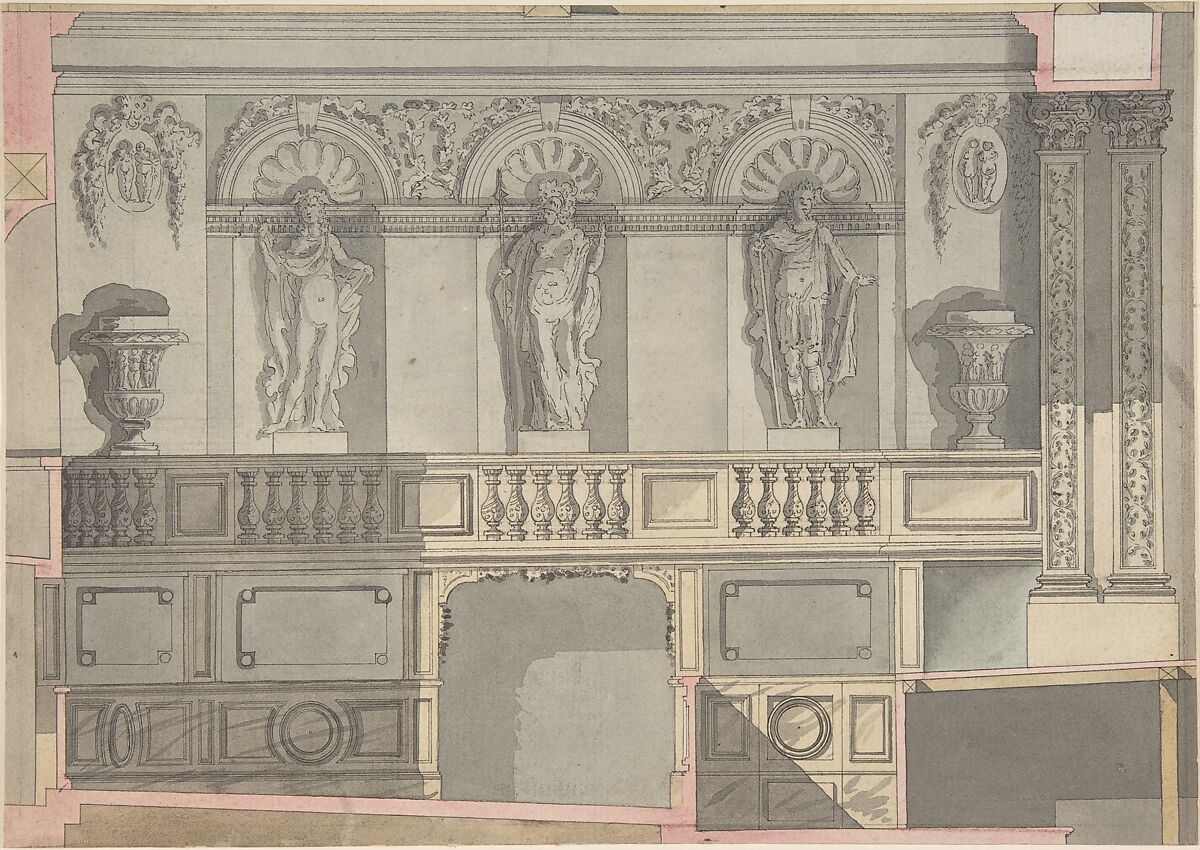 Design for a Court Theatre, Anonymous, French, 18th century, Pen and black ink, brush and gray, pink and yellow washes 