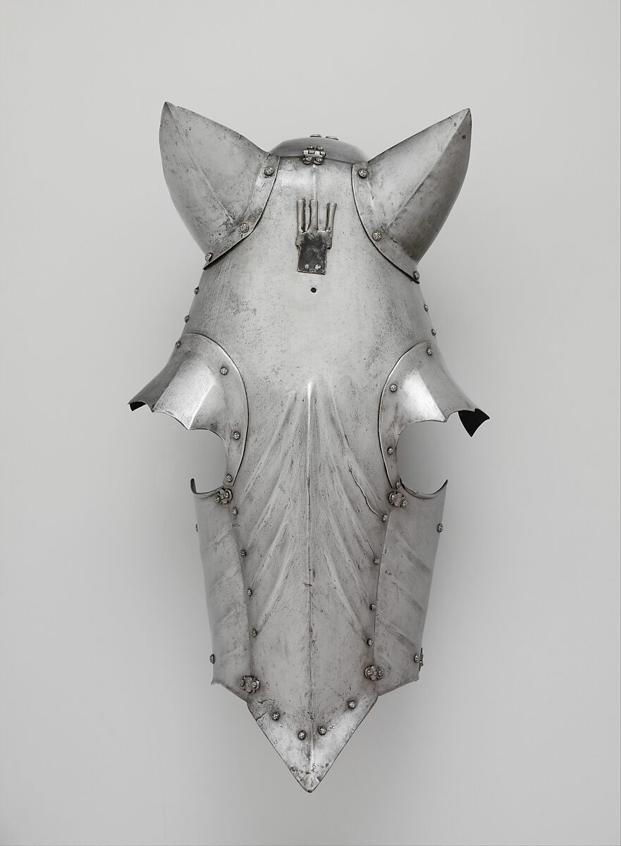 Shaffron and Crinet (Horse's Head and Neck Defenses), Attributed to Romain des Ursins (Italian, Milan, recorded in Lyon 1493–95), Steel, textile, Franco-Italian
