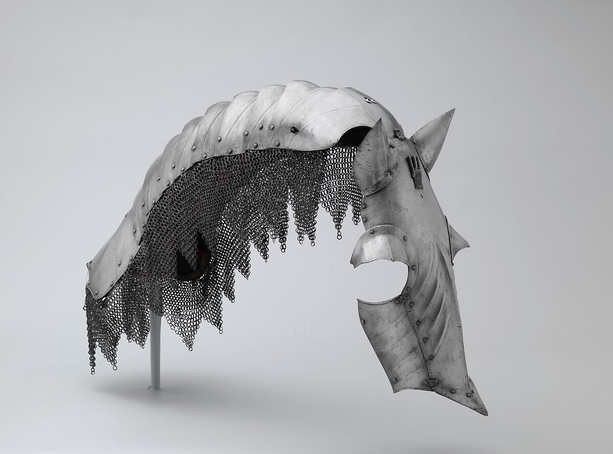 Shaffron and Crinet (Horse's Head and Neck Defenses), Attributed to Romain des Ursins (Italian, Milan, recorded in Lyon 1493–95), Steel, textile, Franco-Italian
