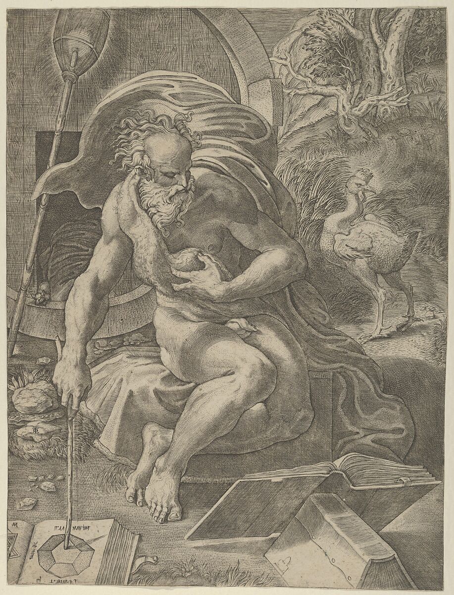 Diogenes seated with his barrel behind him, and reading a book while holding a stick that rests on a geometry book to his right, Giovanni Jacopo Caraglio (Italian, Parma or Verona ca. 1500/1505–1565 Krakow (?)), Engraving 