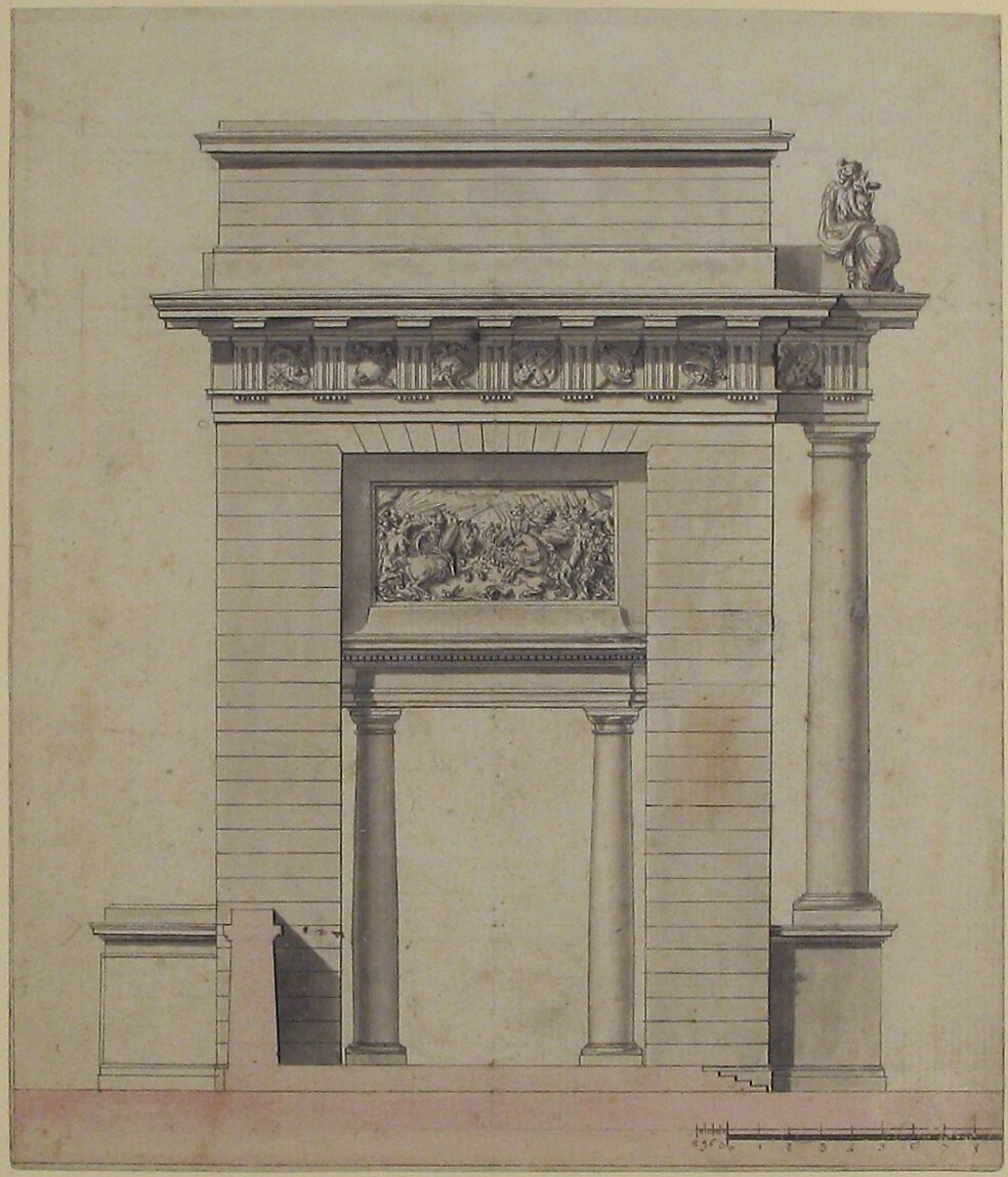 Side Elevation of a Triumphal Arch, Anonymous, French, 18th century, Pen and black ink, brush and gray and rose wash