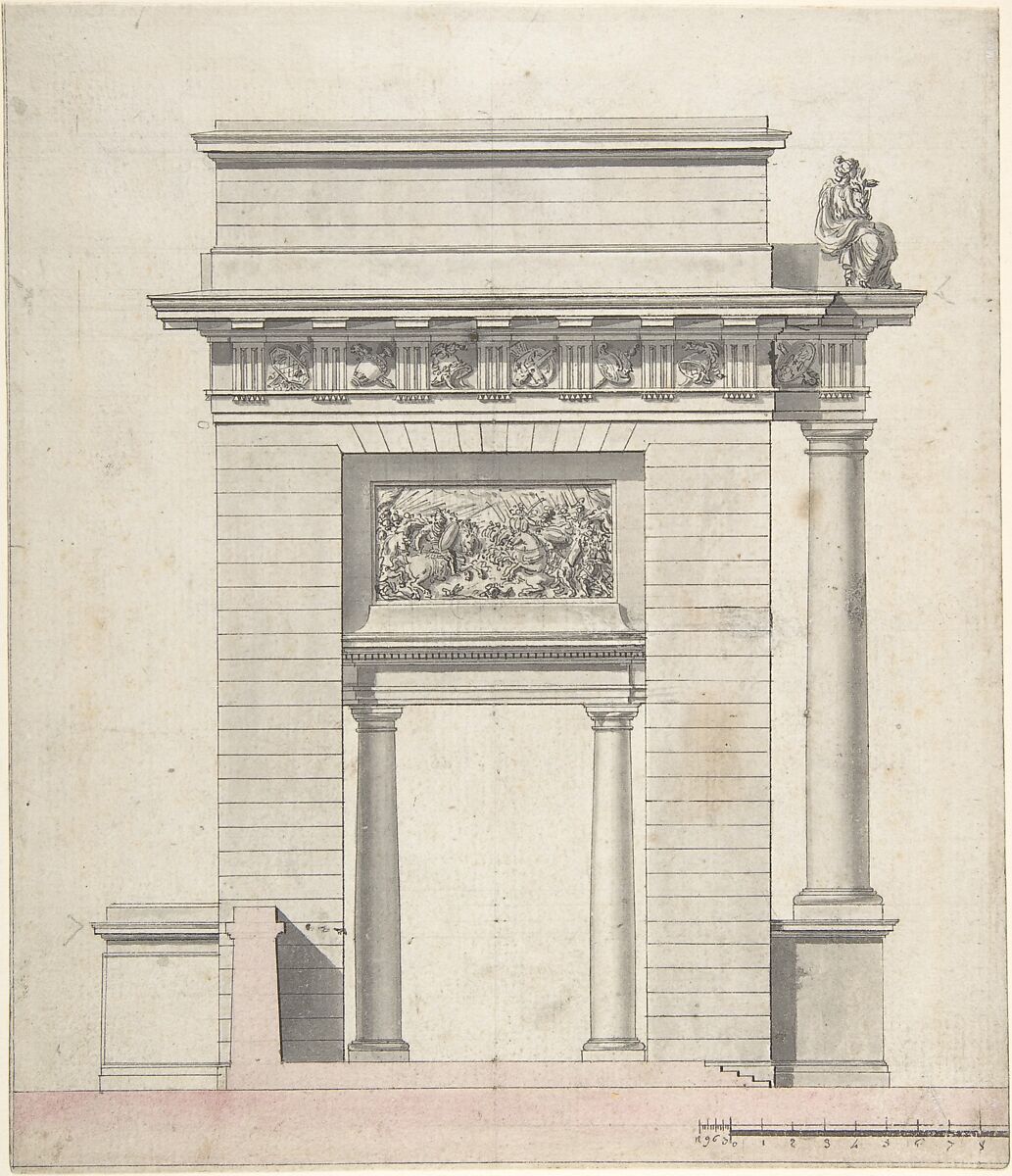 Side Elevation of a Triumphal Arch, Anonymous, French, 18th century, Pen and black ink, brush and gray and rose wash 
