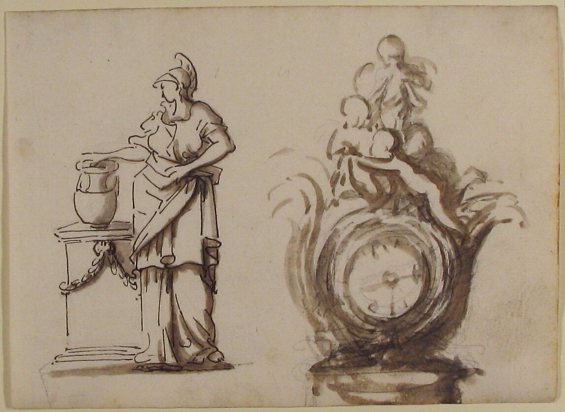 Design for a Clock with a Classical Female Figure, Anonymous, French, 18th century, Graphite, pen and brown ink, brush and brown wash