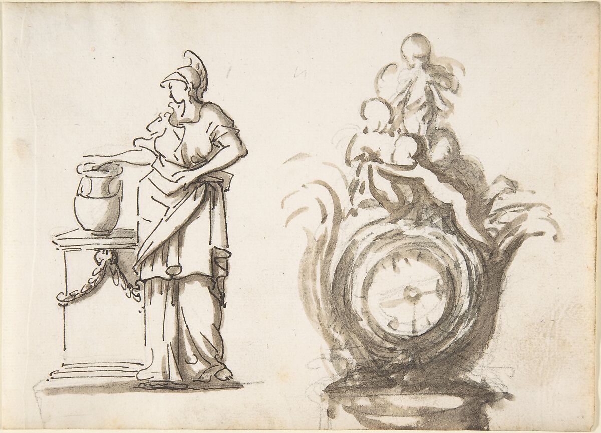 Design for a Clock with a Classical Female Figure, Anonymous, French, 18th century, Graphite, pen and brown ink, brush and brown wash 