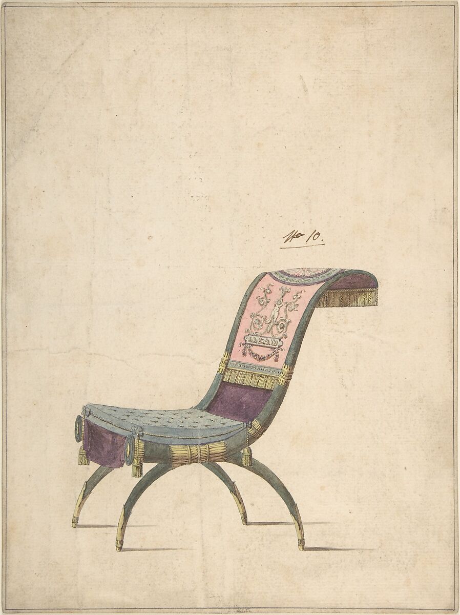Design for an Empire Chair, Anonymous, French, 18th century, Pen and brown ink, watercolor.  Framing lines in pen and black ink. 