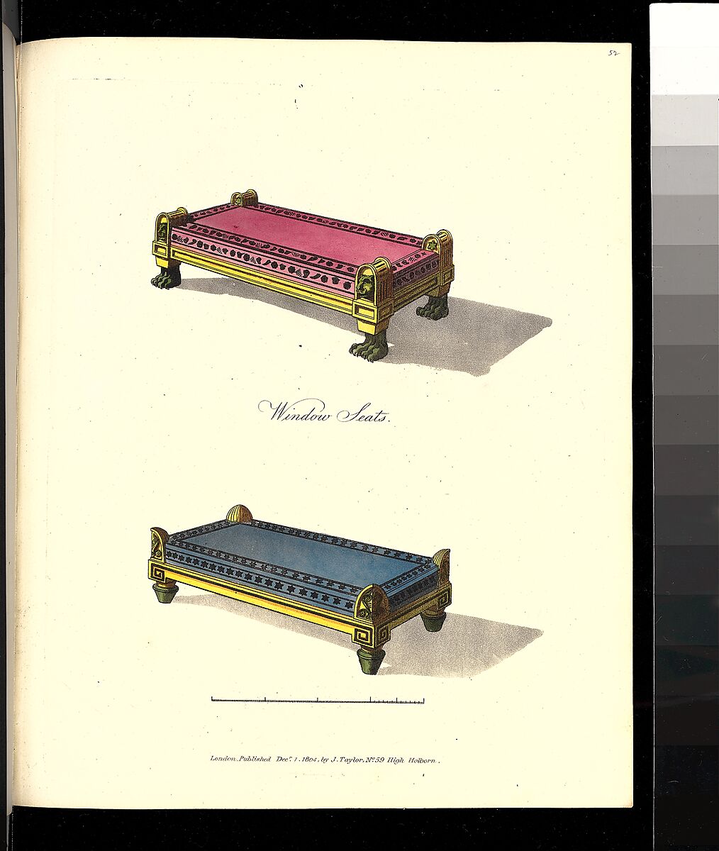 A Collection of Designs for Household Furniture and Interior Decoration, in the most approved and elegant taste, Written and designed by George Smith (British, 1808–1899), Illustrations: etching and aquatint, hand-colored