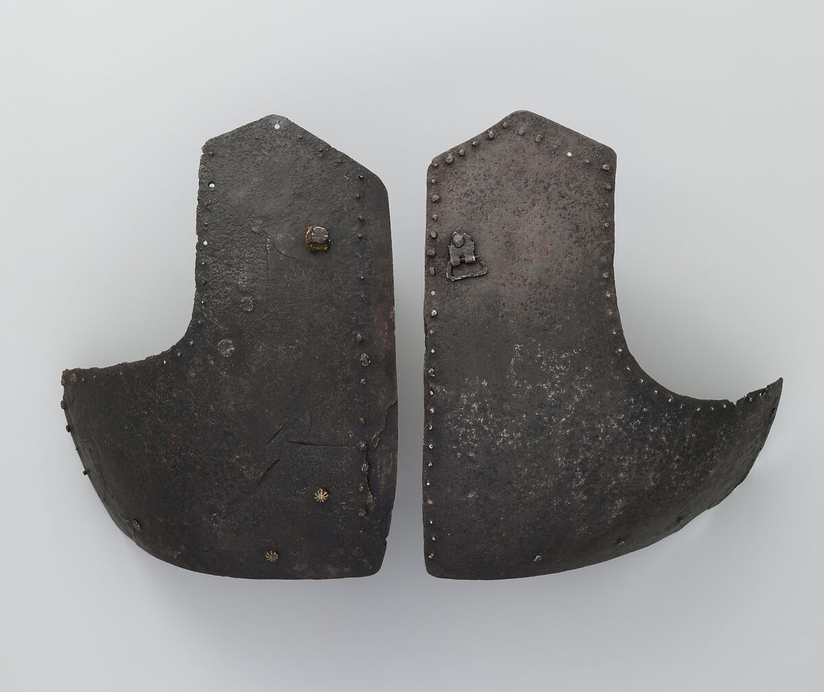 Right and Left Breastplates from a Brigandine, Steel, copper alloy, textile, Italian 