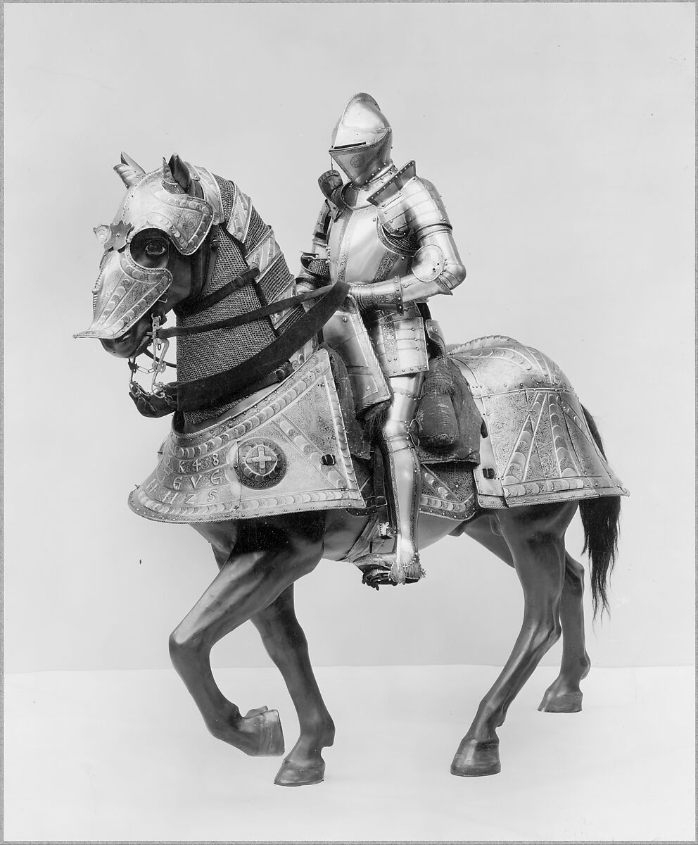 Armor for Man and Horse, Kunz Lochner (German, Nuremberg, 1510–1567), Steel, leather, copper alloy, textile, German, Nuremberg 