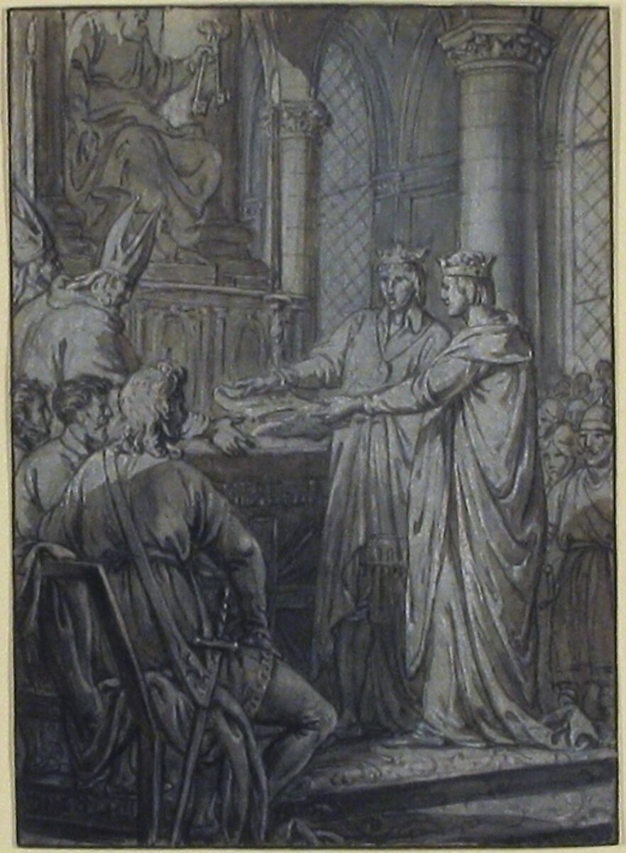 Louis III et Carloman donnent aux eveques du Royaume l'assurance de leur Fidelite en 882, Nicolas Lejeune (French, active late 18th century), Pen and black ink, gouache