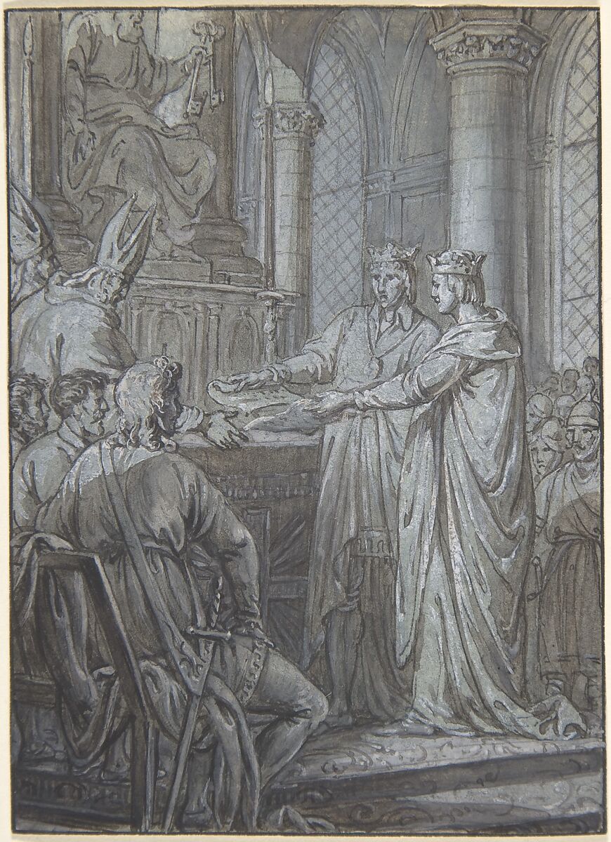 Louis III et Carloman donnent aux eveques du Royaume l'assurance de leur Fidelite en 882, Nicolas Lejeune (French, active late 18th century), Pen and black ink, gouache 