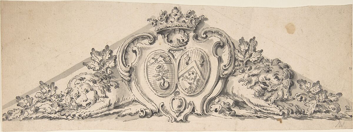 Design for Pediment with Two Heraldic Crests, Lions and a Crown, Anonymous, French, 18th century, Graphite, pen and black ink, brush and gray wash. 