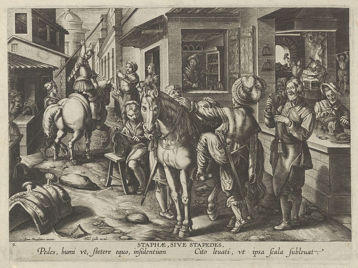 New Inventions of Modern Times [Nova Reperta], The Invention of Stirrups, plate 9, Jan Collaert I (Netherlandish, Antwerp ca. 1530–1581 Antwerp), Engraving 