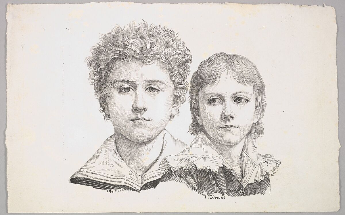 Portrait of the Rabe Children: Hermann, age 14 and Edmond, age 7 (recto); Proof before corrections of small faults in the images (verso), Johann Gottfried Schadow (German, Berlin 1764–1850 Berlin), Lithograph; proof