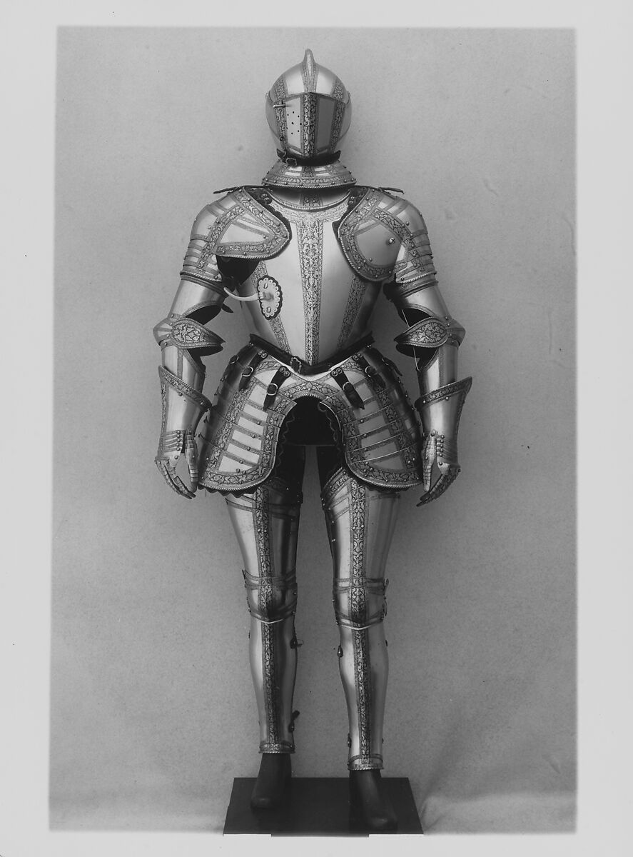Armor for Man and Horse, Steel, gold, leather, copper alloy, textile, Italian, probably Milan
