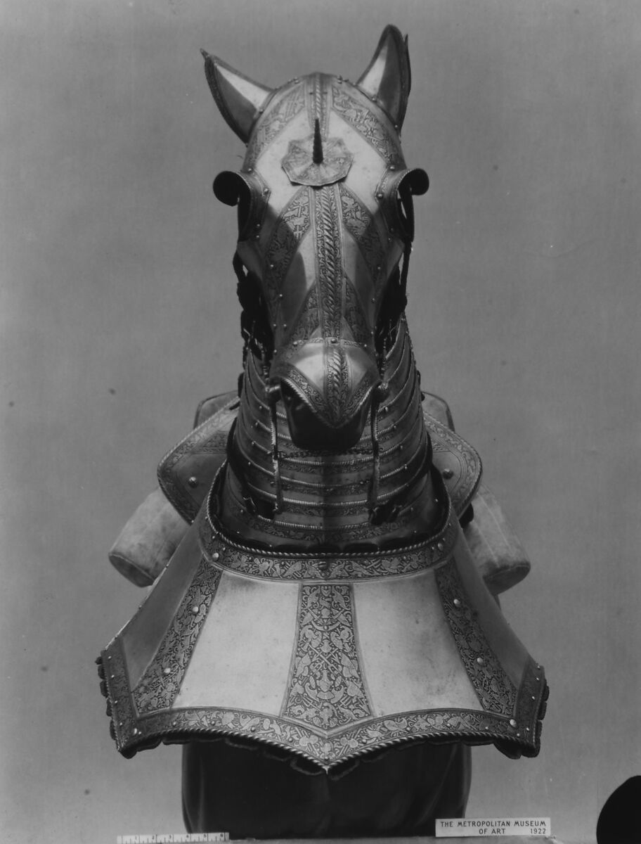 Armor for Man and Horse, Steel, gold, leather, copper alloy, textile, Italian, probably Milan