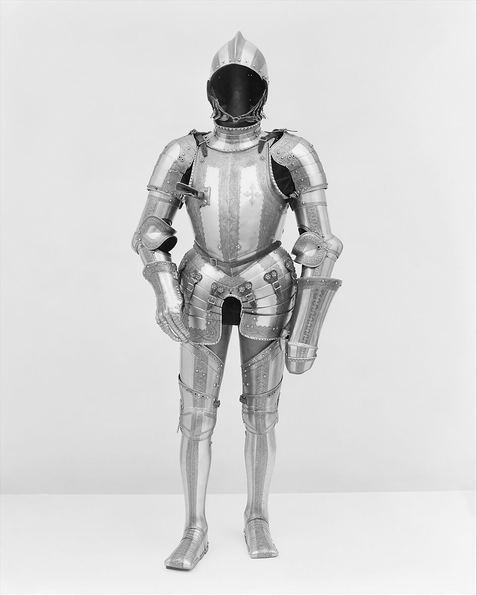 Composed Armor, Helmet, arm defenses, gauntlets and leg defenses by Wolfgang Grosschedel (German, Landshut, active ca. 1517–62), Steel, gold, leather, textile, copper alloy, German, Landshut and Augsburg; gorget, Italian