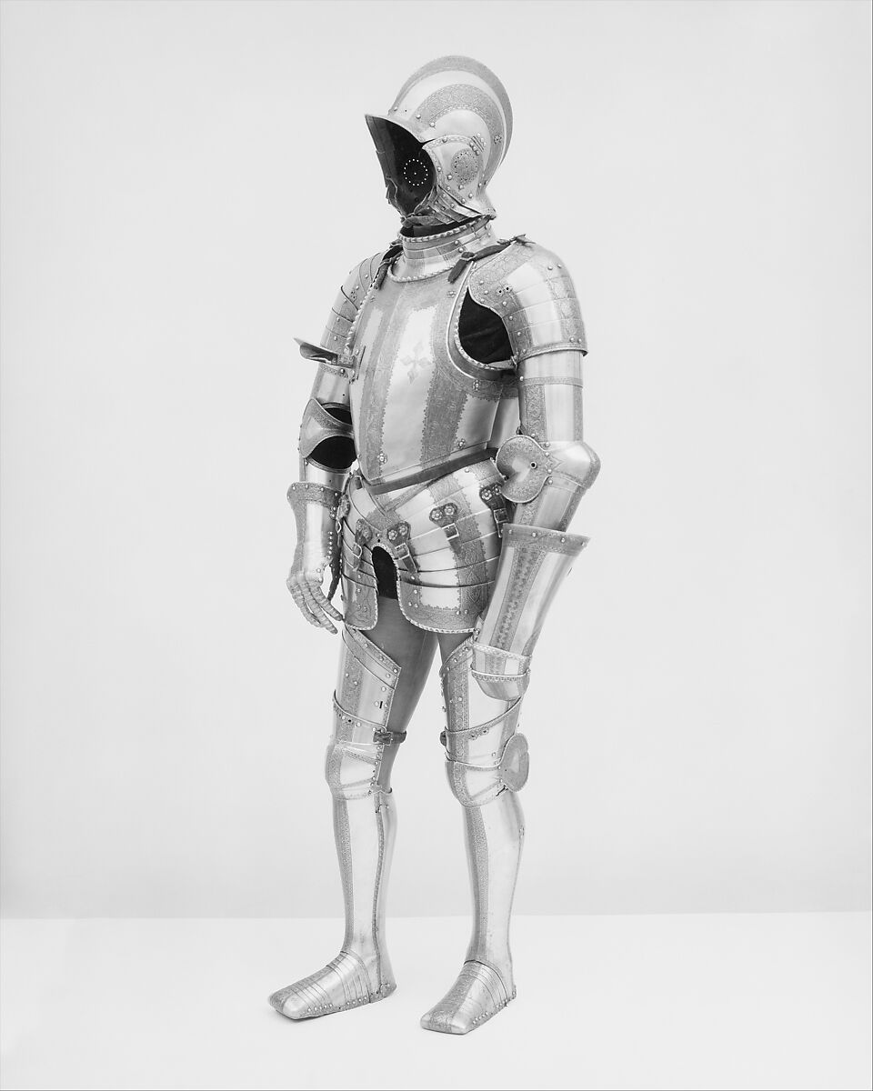 Composed Armor, Helmet, arm defenses, gauntlets and leg defenses by Wolfgang Grosschedel (German, Landshut, active ca. 1517–62), Steel, gold, leather, textile, copper alloy, German, Landshut and Augsburg; gorget, Italian