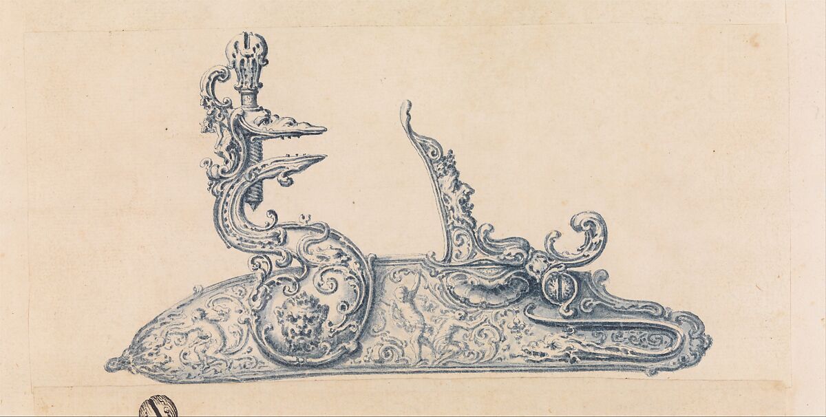 Drawing from an Ornament Scrapbook: A Flintlock Gun Lock, Pen, blue ink, and blue wash, probably French 