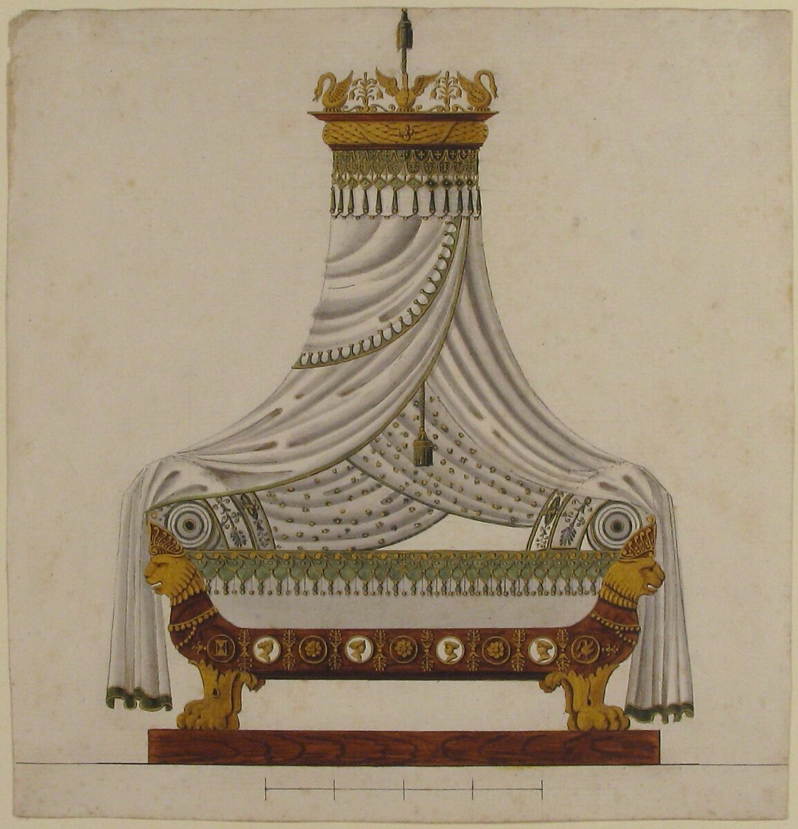 Design for Canopy Bed, Anonymous, French, 19th century, Pen and brown ink, gouache, gold metallic paint