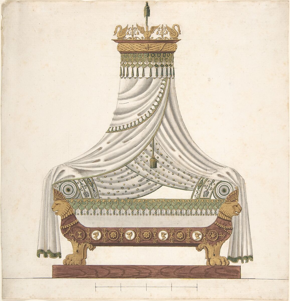 Design for Canopy Bed, Anonymous, French, 19th century, Pen and brown ink, gouache, gold metallic paint 