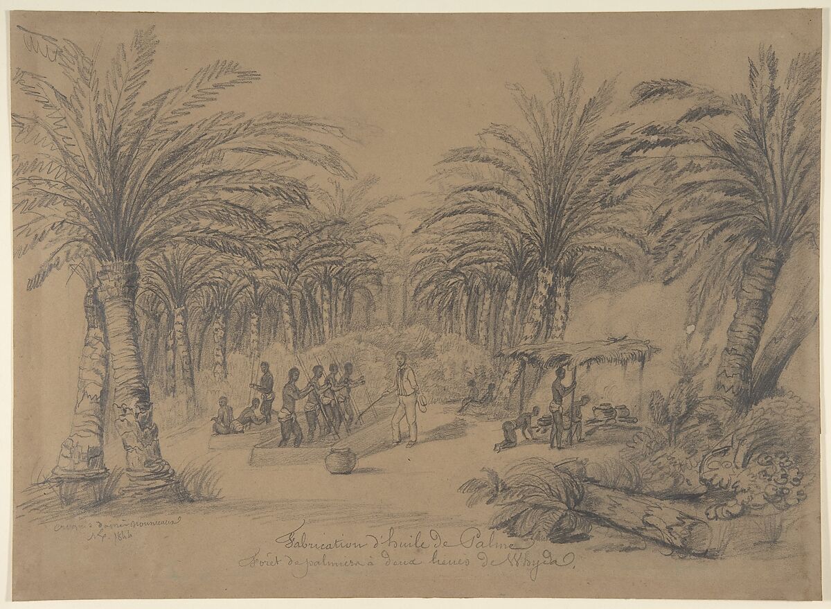 The Production of Palm Oil, Anonymous, French, 19th century, Graphite on brown paper 