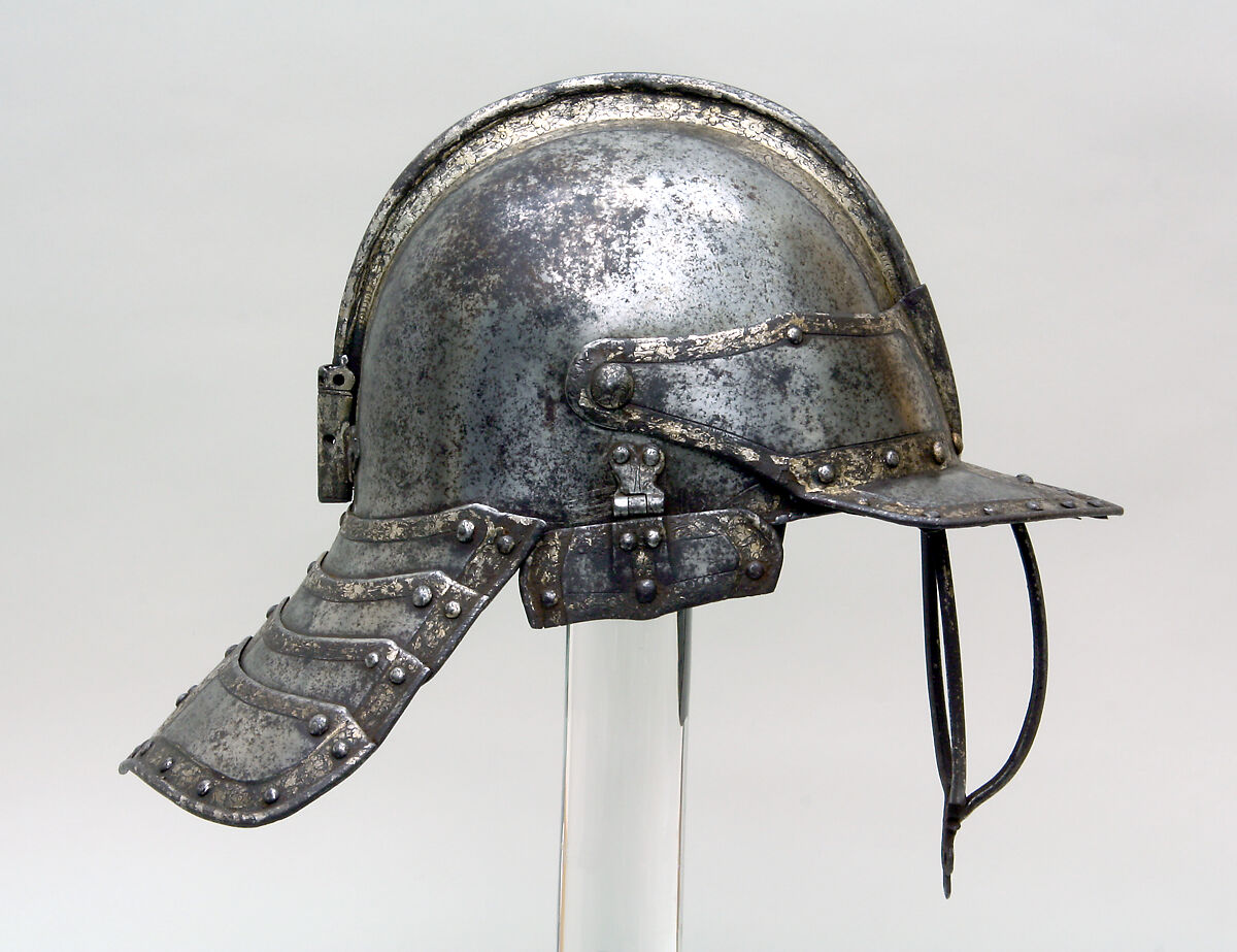 Helmet for a Harquebusier, Probably made in the Royal Workshops at Greenwich (British, Greenwich, 1511–1640s), Steel, silver, gold, copper alloy, textile, British, London or Greenwich