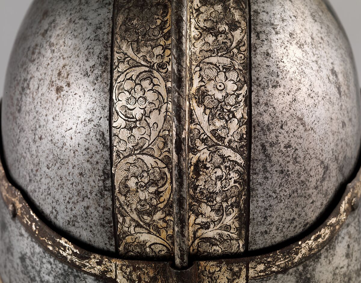 Helmet for a Harquebusier, Probably made in the Royal Workshops at Greenwich (British, Greenwich, 1511–1640s), Steel, silver, gold, copper alloy, textile, British, London or Greenwich