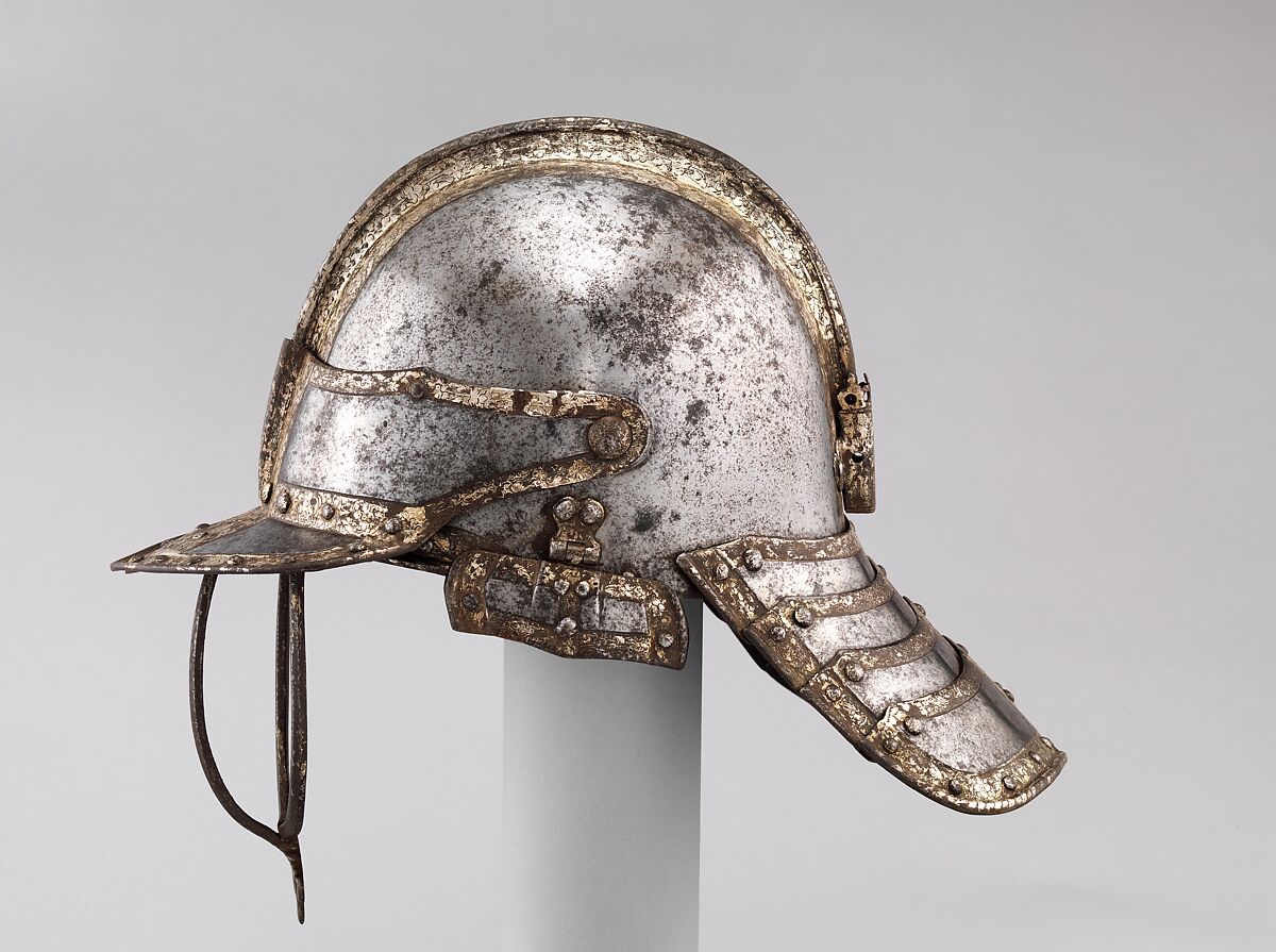 Helmet for a Harquebusier, Probably made in the Royal Workshops at Greenwich (British, Greenwich, 1511–1640s), Steel, silver, gold, copper alloy, textile, British, London or Greenwich 