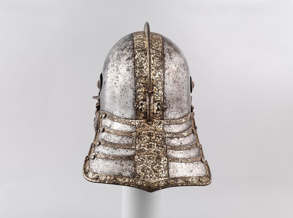 Helmet for a Harquebusier, Probably made in the Royal Workshops at Greenwich (British, Greenwich, 1511–1640s), Steel, silver, gold, copper alloy, textile, British, London or Greenwich