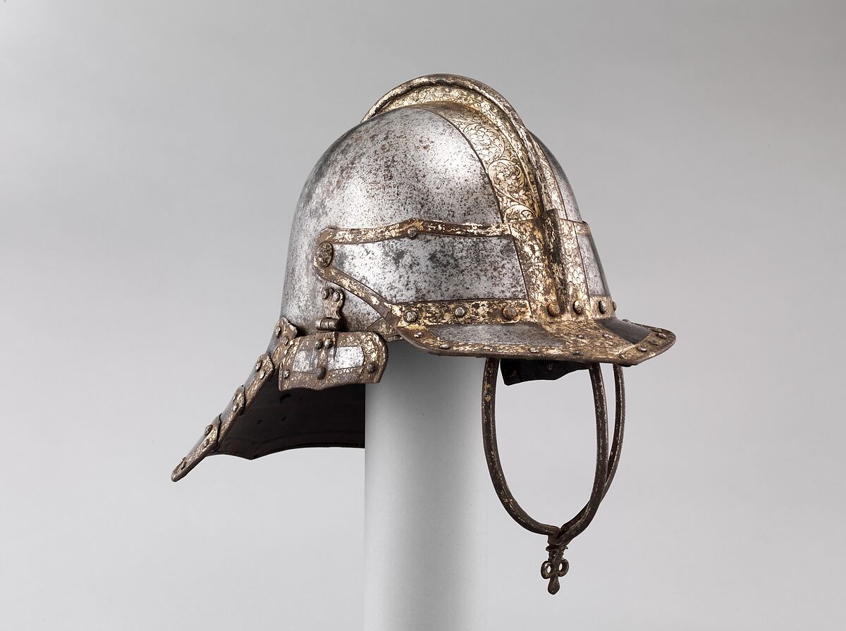 Helmet for a Harquebusier, Probably made in the Royal Workshops at Greenwich (British, Greenwich, 1511–1640s), Steel, silver, gold, copper alloy, textile, British, London or Greenwich