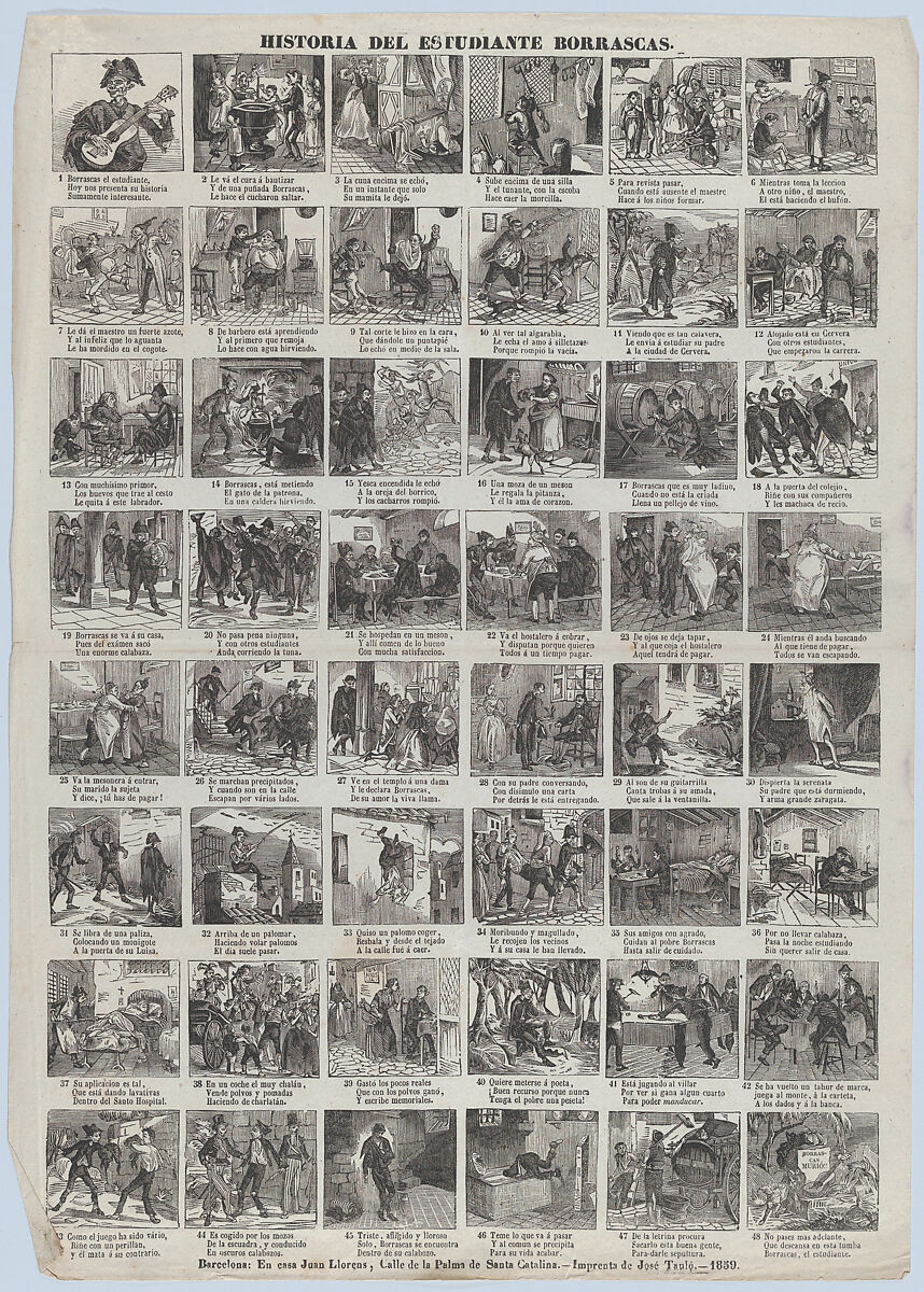 Broadside with 48 scenes of the life of Borrascas the student, Juan Llorens (Spanish, active Barcelona, ca. 1855–70), Wood engraving 