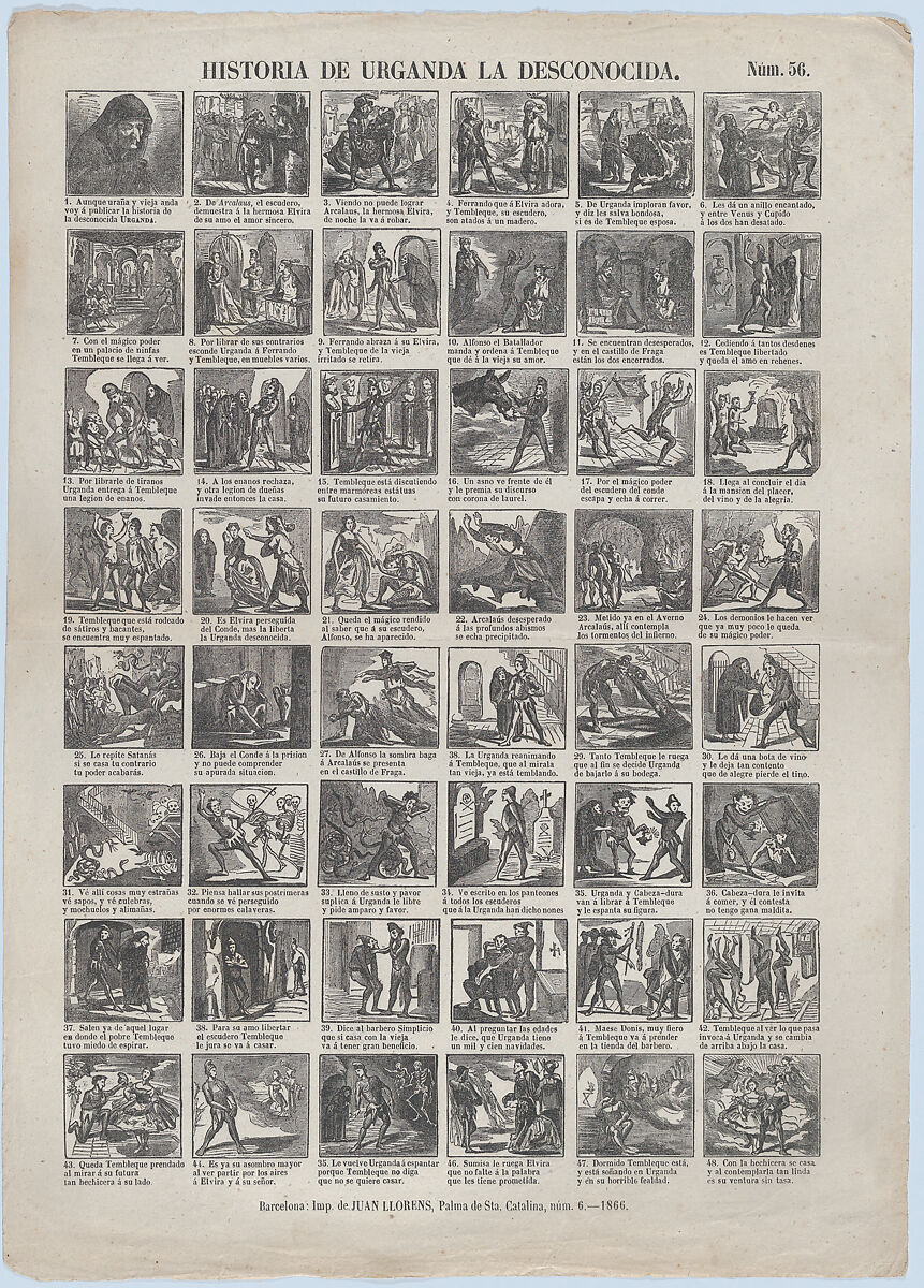 Broadside with 48 scenes illustrating  the story of Urganda the Unknowable, Juan Llorens (Spanish, active Barcelona, ca. 1855–70), Wood engraving 
