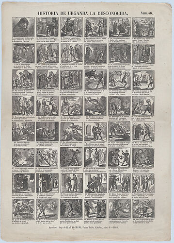Broadside with 48 scenes illustrating  the story of Urganda the Unknowable