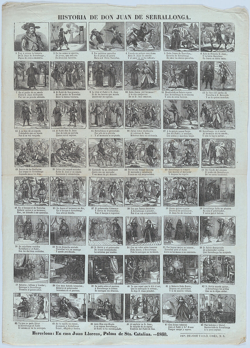 Broadside with 48 scenes relating the tale of Don Juan de Serrallonga, Samunca (Spanish, active ca. 1860), Wood engraving on green paper 