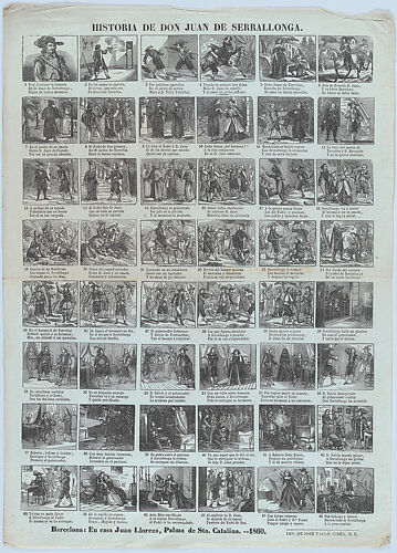 Broadside with 48 scenes relating the tale of Don Juan de Serrallonga