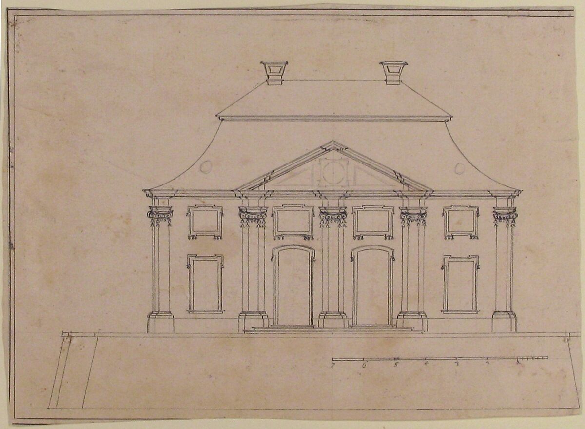 Architectural Design for Exterior of City House, Anonymous, French, 19th century, Graphite, pen and black ink; framing lines in pen and black ink