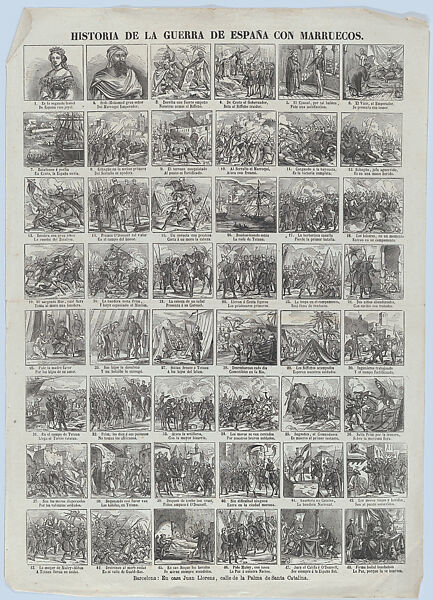Broadside with 48 scenes relating to the Hispano-Moroccan War (1859-60), Saourni (Spanish, 19th century), Wood engraving on green paper 