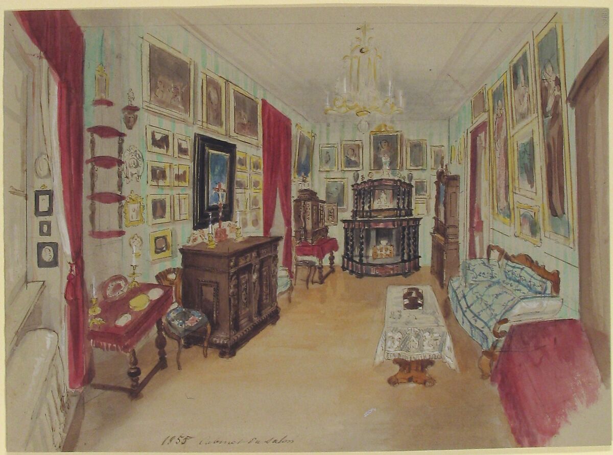 Drawing of an Interior: Cabinet du Salon, Anonymous, French, 19th century, Graphite, pen and brown ink, watercolor