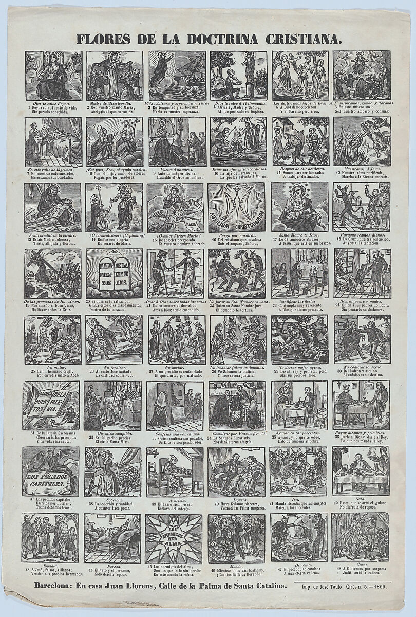 Broadside with 48 scenes illustrating Christian doctrine, Juan Llorens (Spanish, active Barcelona, ca. 1855–70), Wood engraving on green paper 