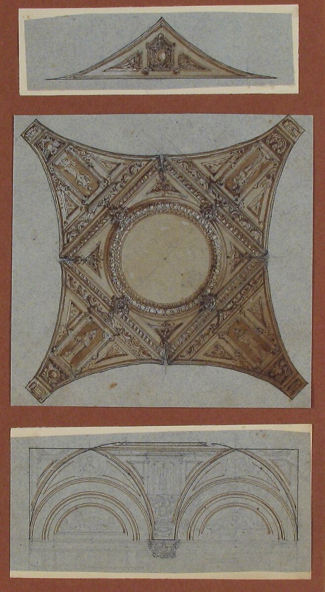 Designs for Decoration of Vaults, Anonymous, French, 19th century, Graphite, pen and black and brown ink, brush and brown wash