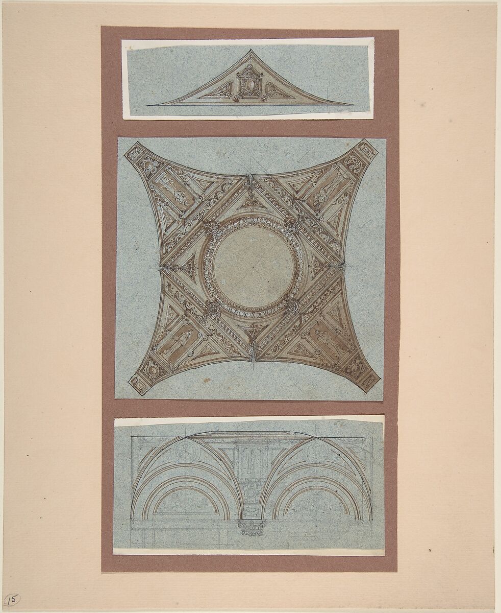 Designs for Decoration of Vaults, Anonymous, French, 19th century, Graphite, pen and black and brown ink, brush and brown wash on blue paper 