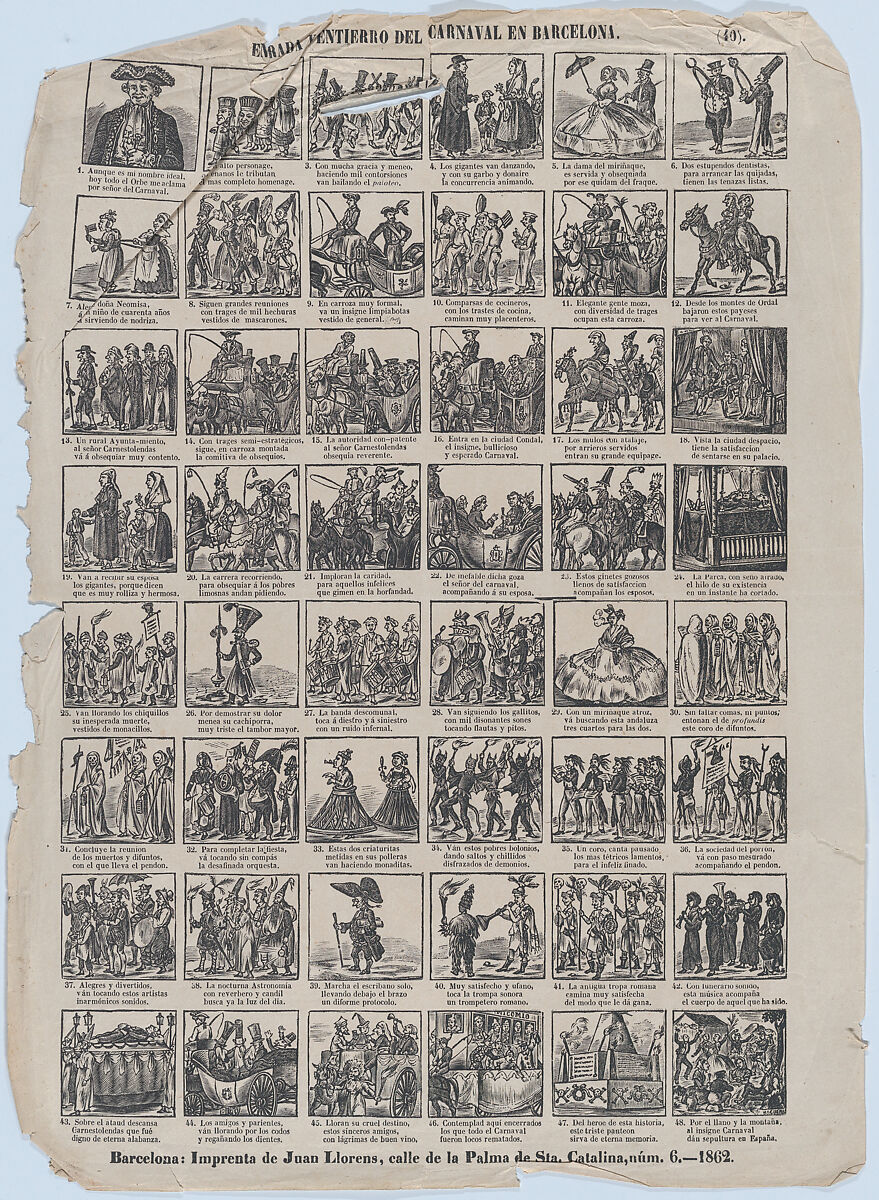 Broadside with 48 scenes relating to the carnival in Barcelona, José Noguera (Spanish, 19th century), Wood engraving 